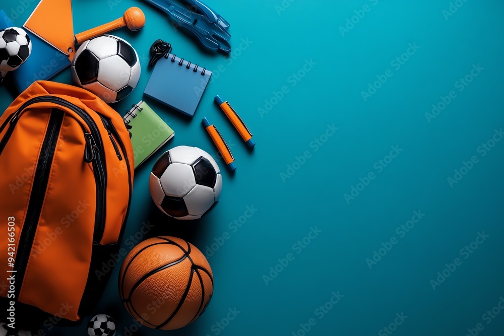 A sports-themed back-to-school image featuring supplies like soccer ball erasers, basketball-shaped notebooks, and a gym bag used as a school backpack A sports-themed back-to-school image featuring supplies like soccer ball erasers, basketball-shaped notebooks, and a gym bag used as a school backpack
