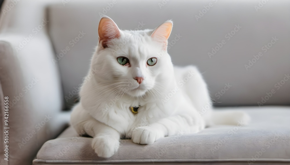 A White Cat sitting on a sofa A White Cat sitting on a sofa