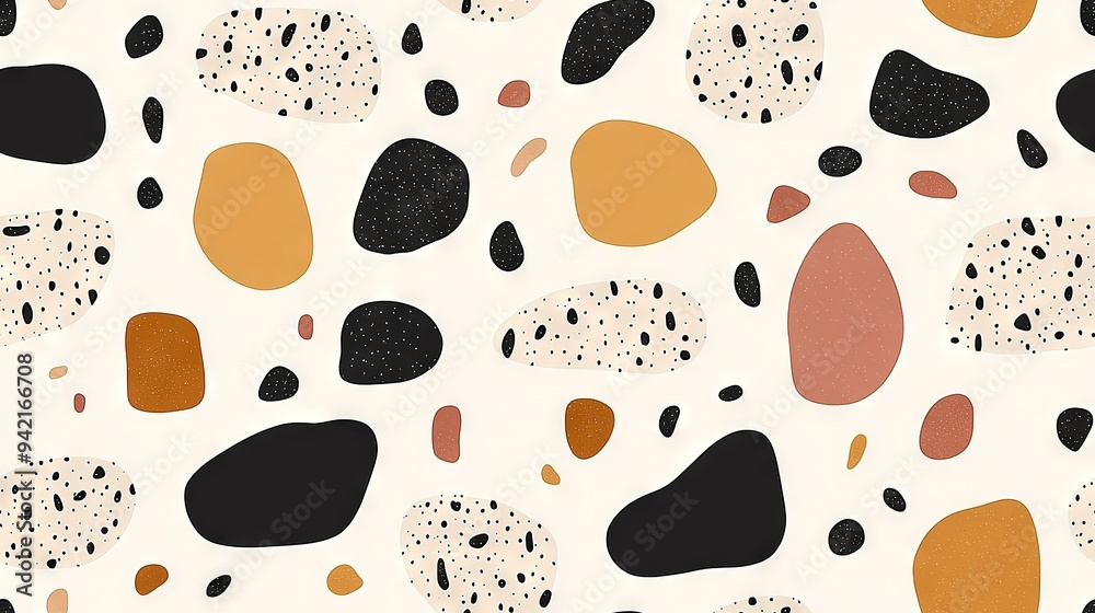  Black, orange, and white rocks and pebbles on a white background with a black dot