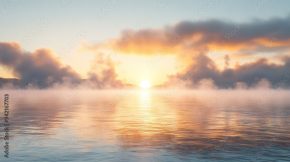 A massive expanse of water emanating steam, with the sun positioned centrally above it at dusk A massive expanse of water emanating steam, with the sun positioned centrally above it at dusk