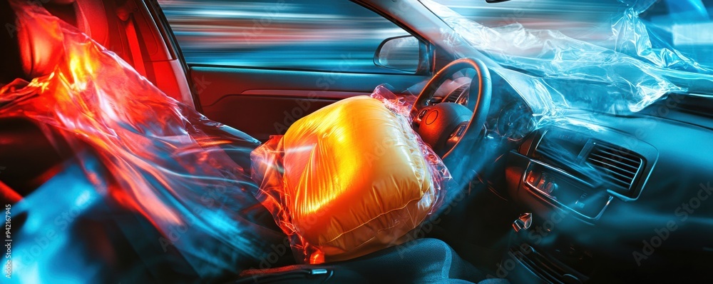High-resolution image of a car interior with an airbag deployed in an emergency situation, emphasizing safety, technology, and impact in an automobile accident scene. High-resolution image of a car interior with an airbag deployed in an emergency situation, emphasizing safety, technology, and impact in an automobile accident scene.