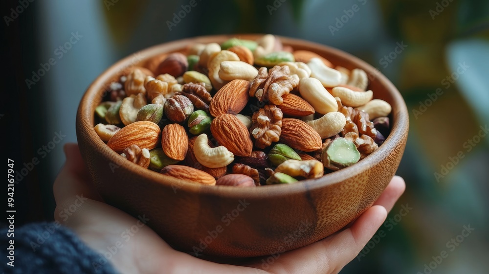 Mixed nuts, a nutritious and delicious snack, held in a wooden bowl, showcasing walnuts, pistachios, almonds, hazelnuts, and cashews. Mixed nuts, a nutritious and delicious snack, held in a wooden bowl, showcasing walnuts, pistachios, almonds, hazelnuts, and cashews.