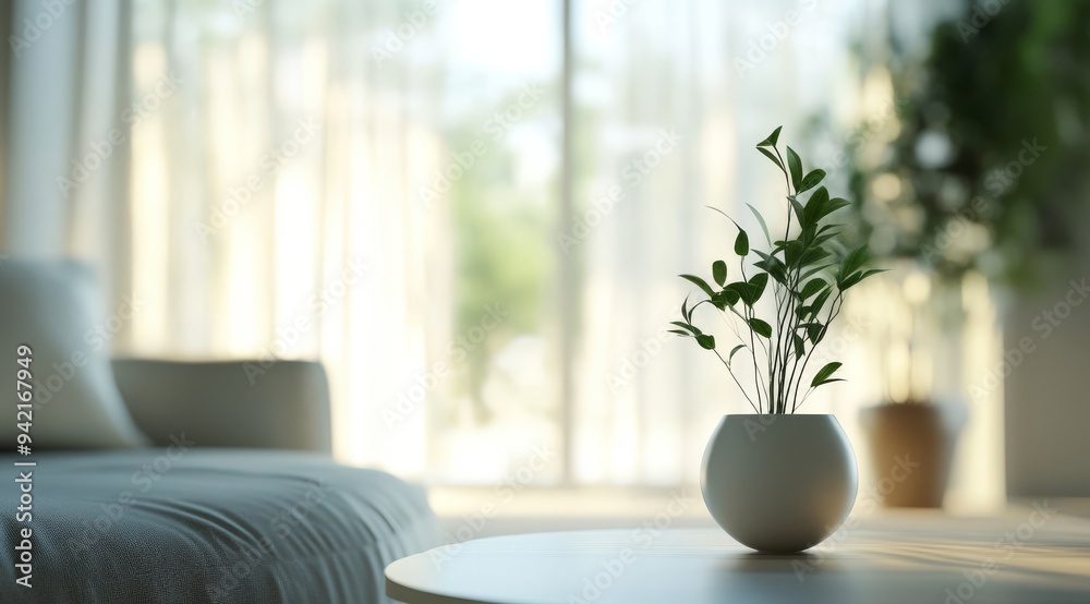 A serene Scandinavian interior features a charming potted plant on a minimalistic table, softly lit by natural light, creating a calming atmosphere that invites relaxation and tranquility A serene Scandinavian interior features a charming potted plant on a minimalistic table, softly lit by natural light, creating a calming atmosphere that invites relaxation and tranquility