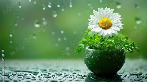   A macromax of a blossom in a vase with drops of H~2O on the floor and a hazy backdrop photo