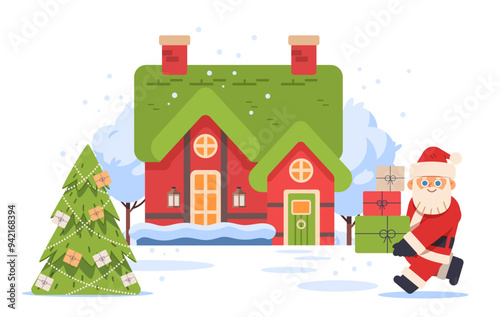 Santa Claus carrying gift boxes and red Christmas house on isolated background. Winter holiday vector illustration