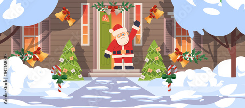 Happy Santa Claus waving hello on the doorstep of house. Christmas greetings concept. Cartoon flat vector illustration