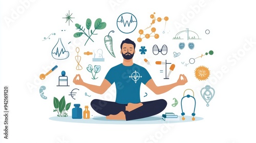 Promoting a healthy lifestyle: A man meditating with health-related icons representing medicine, diet, healthcare, fitness, sports. Suitable for website posters and banners.