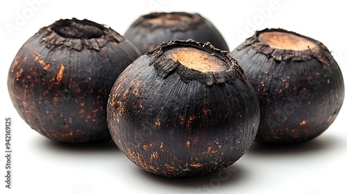 Four whole, dark brown, dried palmyra fruits with their outer husks on, isolated on white background. photo