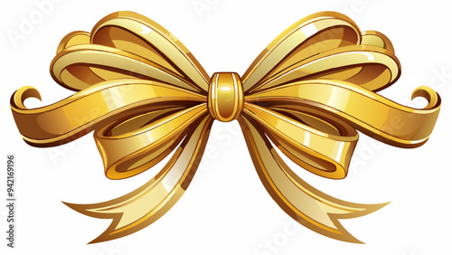 Decorative golden bow with long ribbon isolated on white background. Holiday decoration. Vector illustration