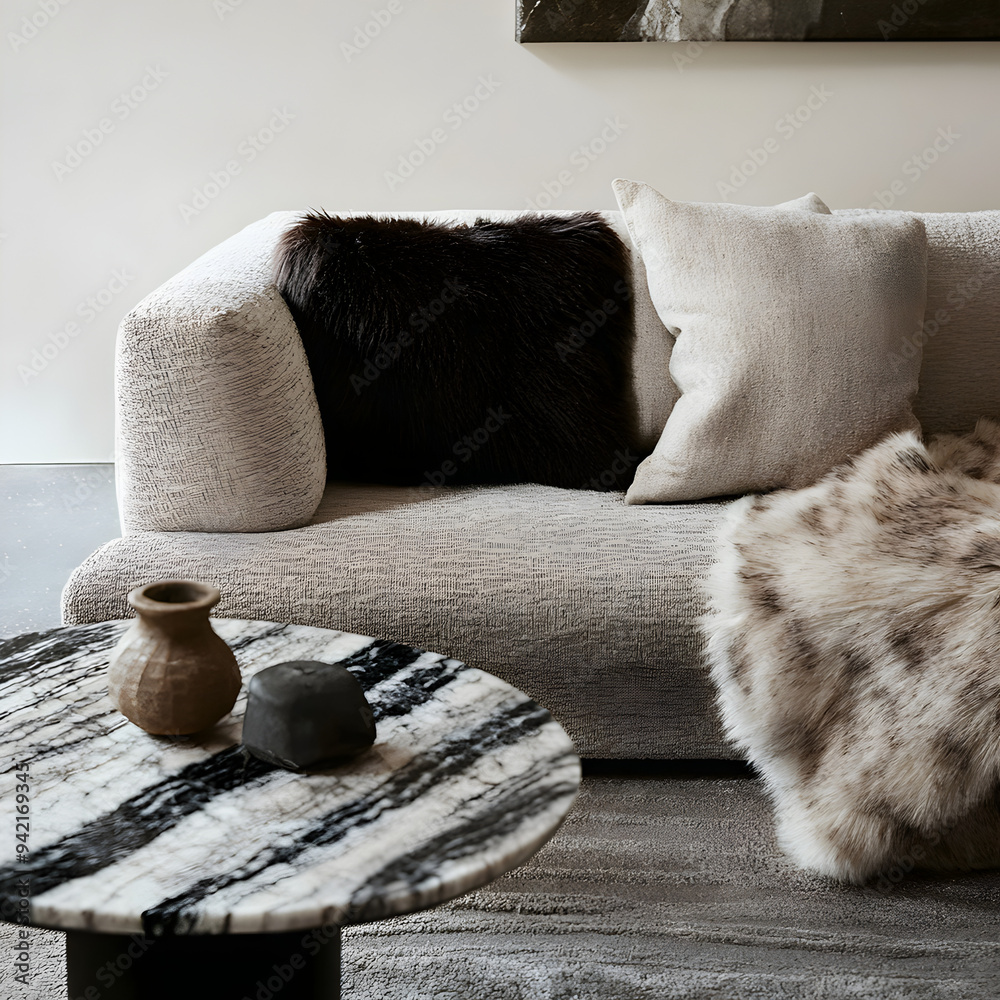 add cushions and fur blankets to the sofa add cushions and fur blankets to the sofa