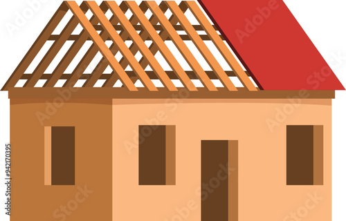 New residential building is being built with a wooden structure and a roof