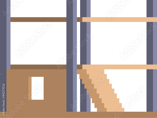Pixel art illustration of an unfinished building with a wooden staircase