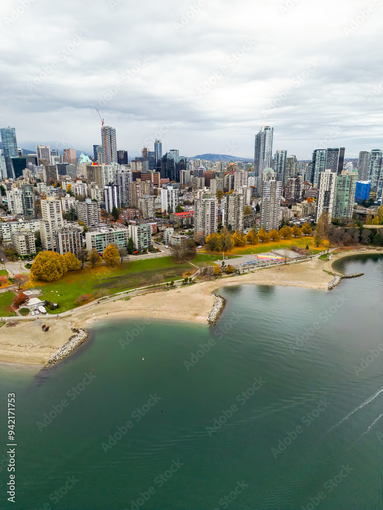 Obraz premium Top cinematic aerial view. Downtown Vancouver British Columbia. Aerial View Of Skyline Buildings.