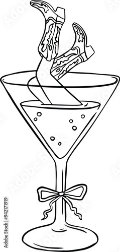 Retro cowgirl in martini glass celebration doodle icon. Woman in Martini glass.