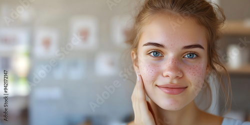 Radiant young woman with freckles and blue eyes smiling confidently, natural beauty and skin texture in soft indoor lighting Free Download Radiant young woman with freckles and blue eyes smiling confidently, natural beauty and skin texture in soft indoor lighting - GFXLoad