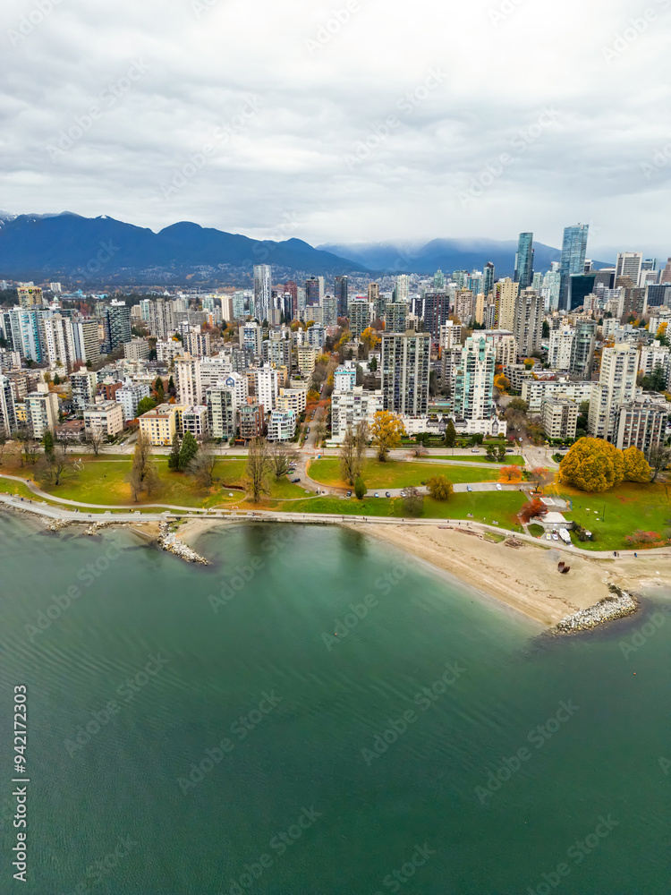 Obraz premium Top cinematic aerial view. Downtown Vancouver British Columbia. Aerial View Of Skyline Buildings.