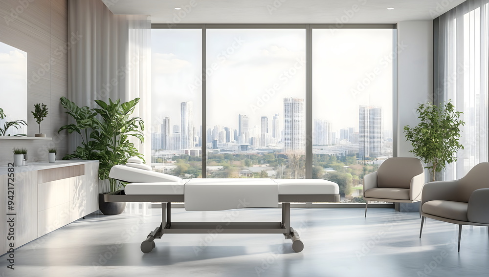 Naklejka premium Luxurious cosmetic clinic treatment room with panoramic city view, modern equipment and sleek design for premium beauty procedures