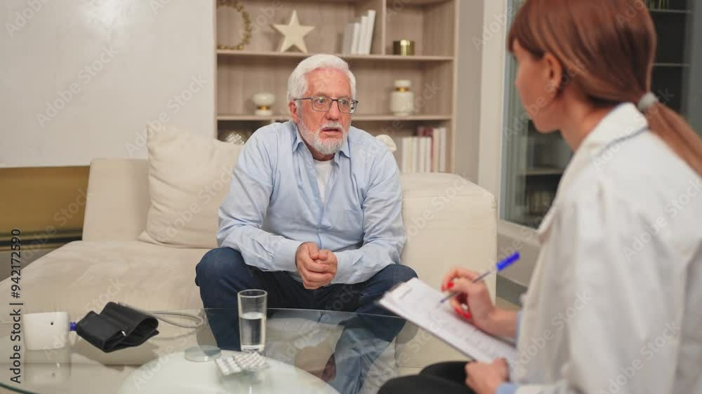 Female doctor examining older senior man in doctor office or at home. Old man patient and doctor have consultation in hospital room. Medicine healthcare medical checkup. Visit to doctor Female doctor examining older senior man in doctor office or at home. Old man patient and doctor have consultation in hospital room. Medicine healthcare medical checkup. Visit to doctor