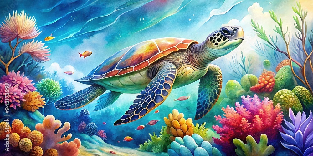Vibrant watercolor illustration of a serene turtle swimming amidst lush aquatic plants and colorful coral, surrounded by soft, dreamy ripples in shades of blue and green. Vibrant watercolor illustration of a serene turtle swimming amidst lush aquatic plants and colorful coral, surrounded by soft, dreamy ripples in shades of blue and green.