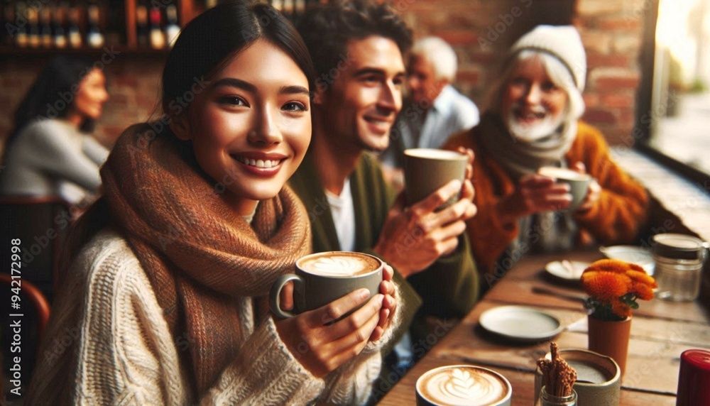 Multi-ethnic group of three friends enjoying hot drinks in a cafe decorated with autumnal themes Multi-ethnic group of three friends enjoying hot drinks in a cafe decorated with autumnal themes