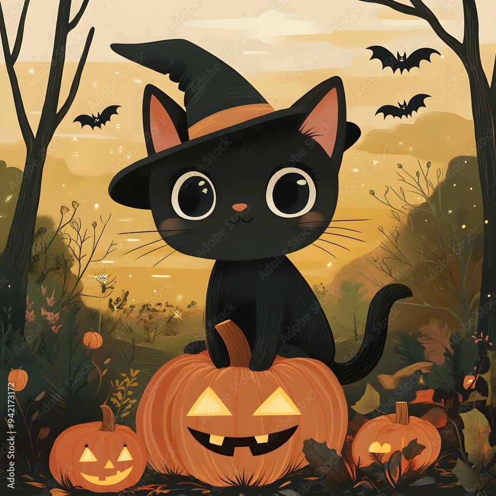 Kawaii black cat on a pumpkin, wearing a witch hat, broomstick nearby, spooky forest backdrop, glowing jack-o'-lanterns, bats soaring in the night sky. Kawaii black cat on a pumpkin, wearing a witch hat, broomstick nearby, spooky forest backdrop, glowing jack-o'-lanterns, bats soaring in the night sky.