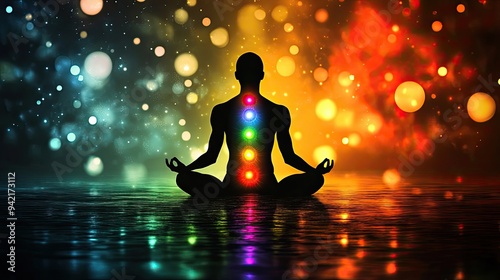 A silhouette meditating with chakras glowing in different colors, surrounded by floating energy orbs, representing spiritual alignment and mental clarity. photo