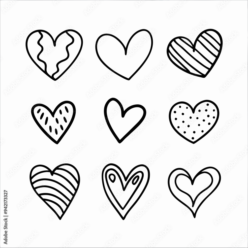 Nine black and white hand-drawn hearts, each with unique patterns, are arranged in a 3x3 grid Nine black and white hand-drawn hearts, each with unique patterns, are arranged in a 3x3 grid