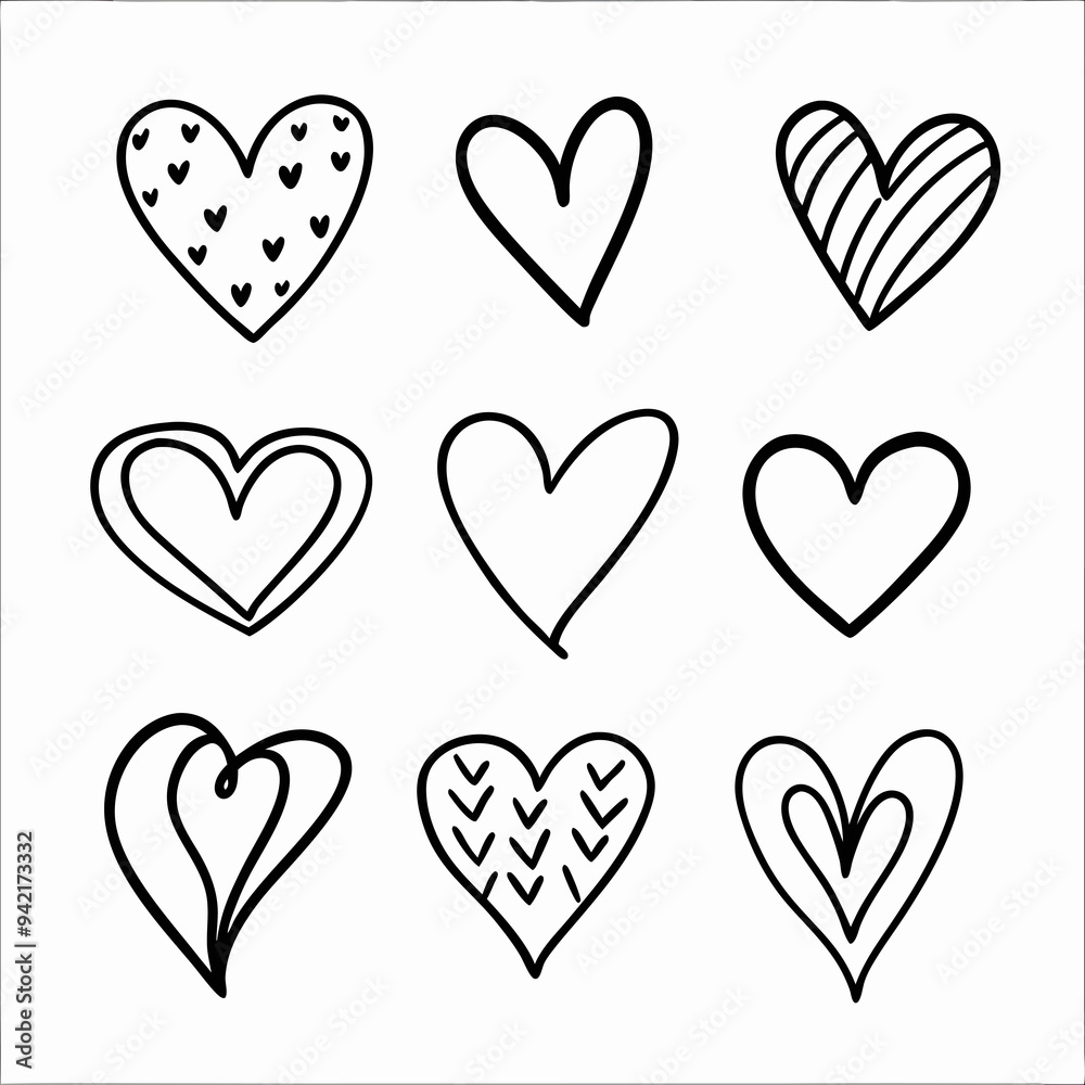 Nine black and white hand-drawn hearts, each with unique patterns, are arranged in a 3x3 grid Nine black and white hand-drawn hearts, each with unique patterns, are arranged in a 3x3 grid