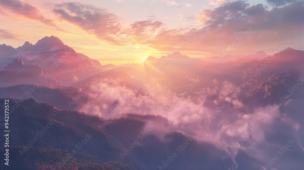 Beautiful sunset The mountains are covered with clouds.