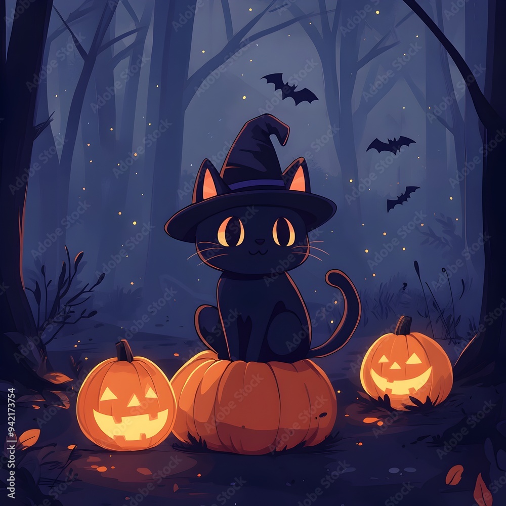 Kawaii black cat on pumpkin, wearing witch hat, broomstick at side, spooky forest backdrop, glowing jack-o'-lanterns, bats fluttering in the night sky