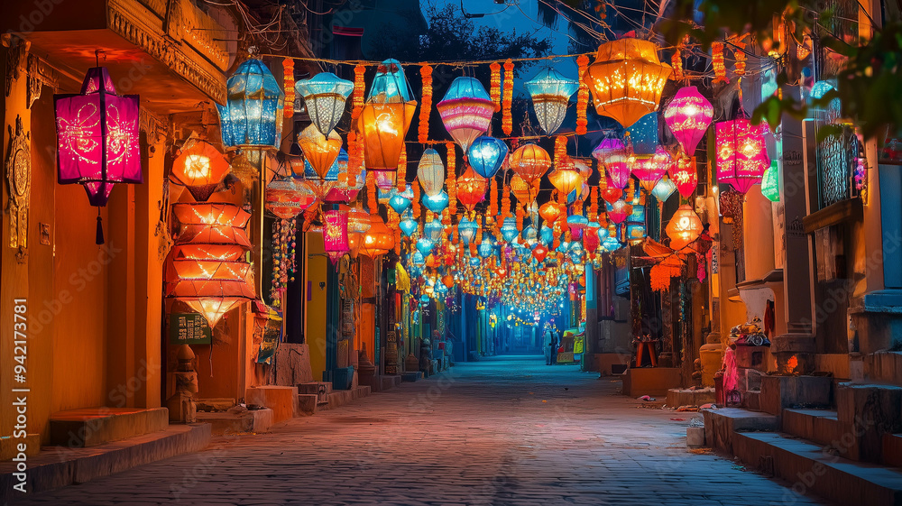 Fototapeta premium A street adorned with vibrant Diwali lanterns and decorations, capturing the festive atmosphere