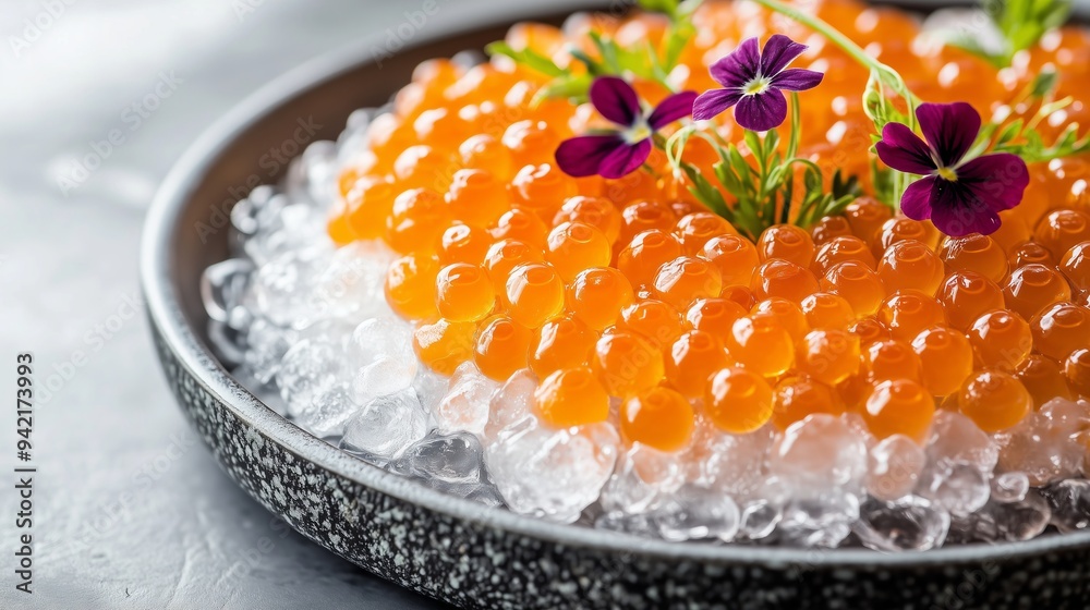 Salmon caviar on ice, garnished with microgreens and flowers, showcases fine dining elegance. Salmon caviar on ice, garnished with microgreens and flowers, showcases fine dining elegance.