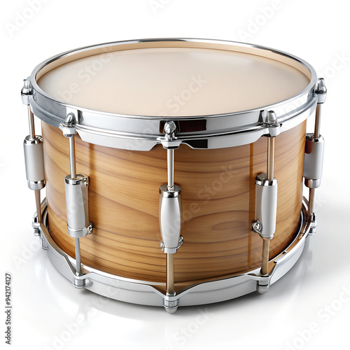 Classic Wooden Snare Drum with Chrome Hardware on White Background