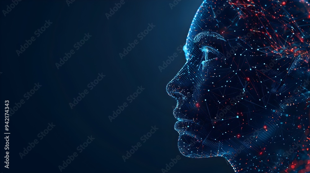 Digital Human Face Profile Low Light Neural Network Visualization Technology. AI Generated Digital Human Face Profile Low Light Neural Network Visualization Technology. AI Generated