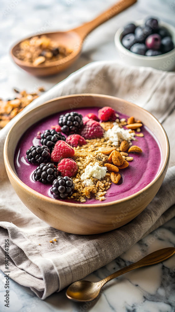 Berry Smoothie Bowl with Fresh Blackberries, Raspberries, Granola, and Yogurt