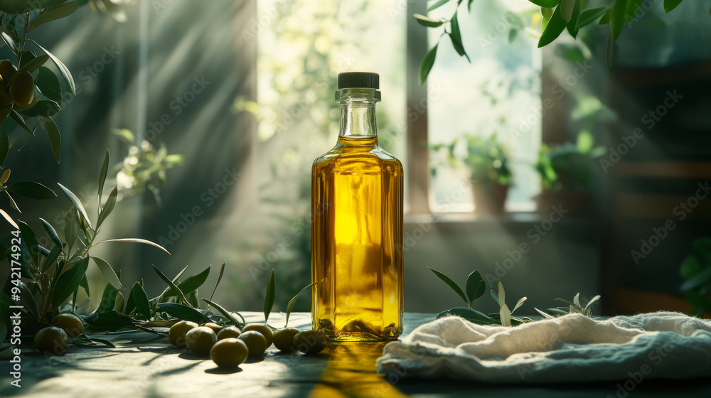 A bottle of olive oil sits on a table next to some leaves A bottle of olive oil sits on a table next to some leaves