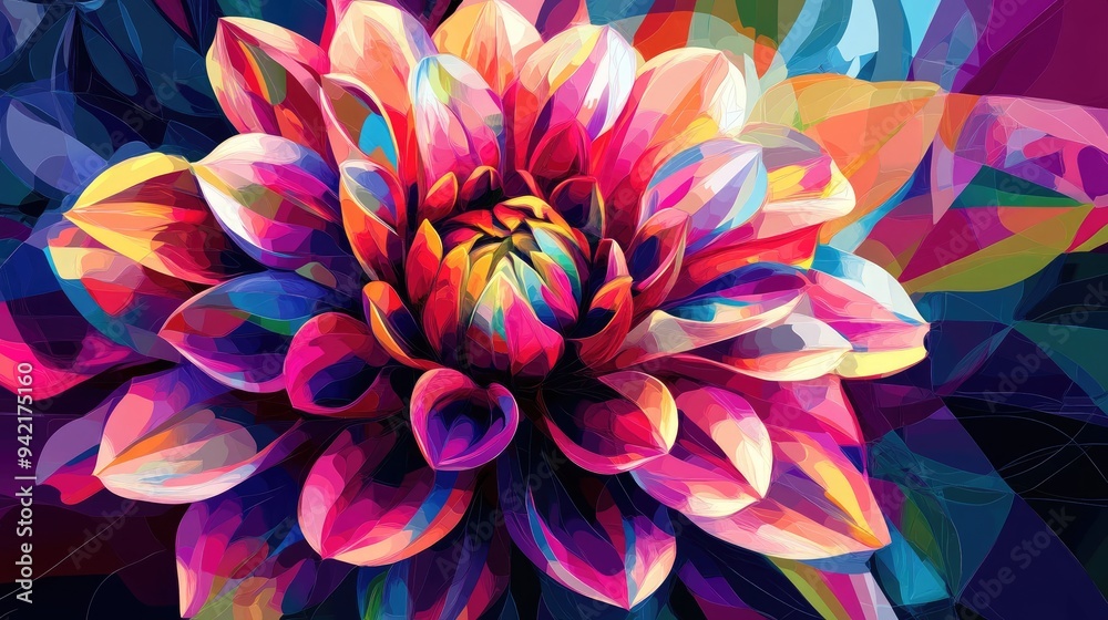 Dahlia in colorful abstract art style, with geometric neon lines and a mix of bright colors, creating a striking vector illustration Dahlia in colorful abstract art style, with geometric neon lines and a mix of bright colors, creating a striking vector illustration