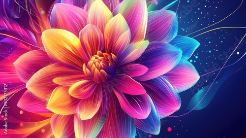 Dahlia in vibrant abstract art style, with geometric neon lines and a mix of bright colors, creating a mesmerizing vector backdrop