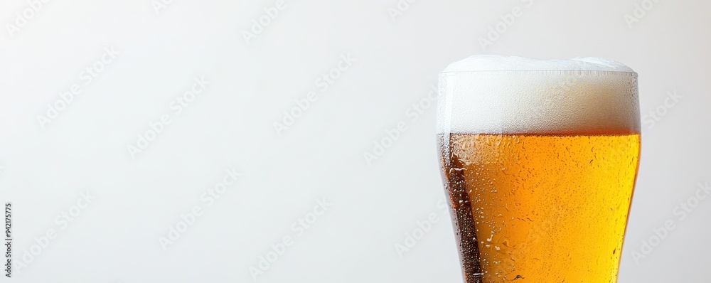 Golden lager pint with a thick foamy head and condensation on a plain background, perfect for refreshment concepts and beverage advertising Golden lager pint with a thick foamy head and condensation on a plain background, perfect for refreshment concepts and beverage advertising