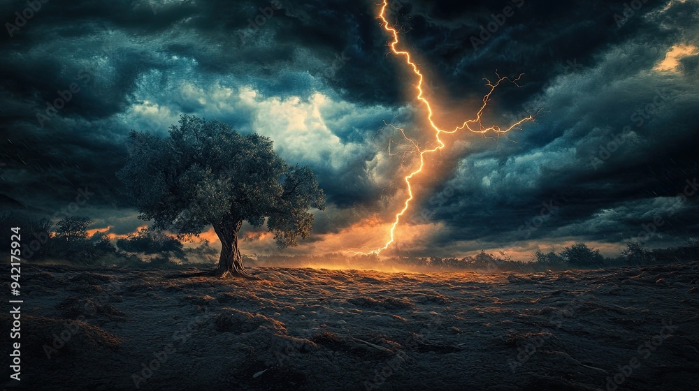 Obraz premium A stormy sky filled with lightning bolts of inspiration, striking a barren landscape, giving life to new ideas that grow like trees.