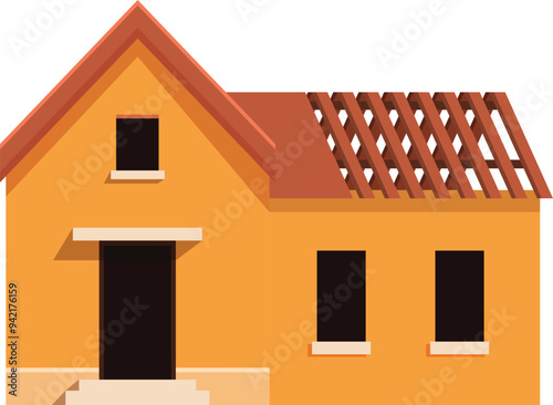 Yellow house with an exposed roof truss system during construction
