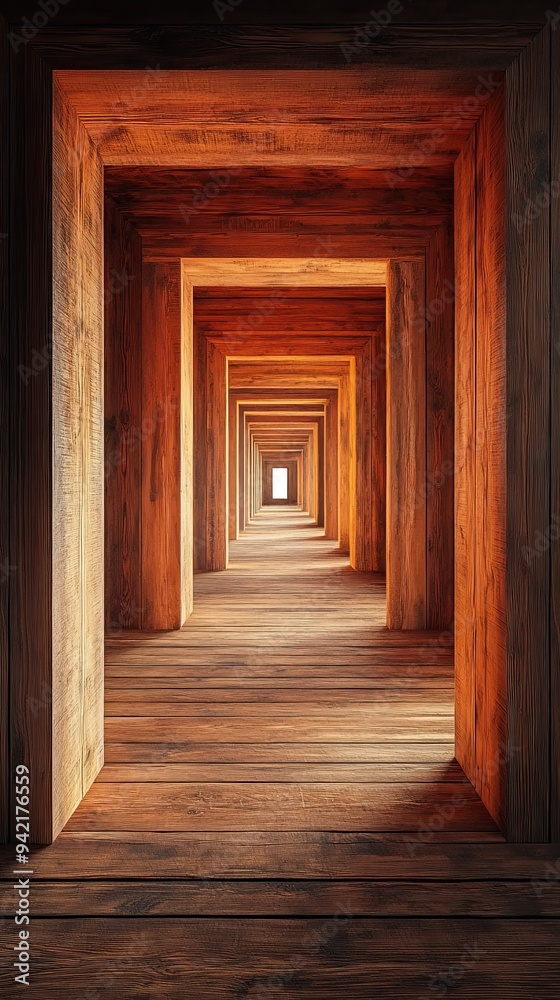 A long hallway with wooden walls and a window in the middle. A long hallway with wooden walls and a window in the middle.