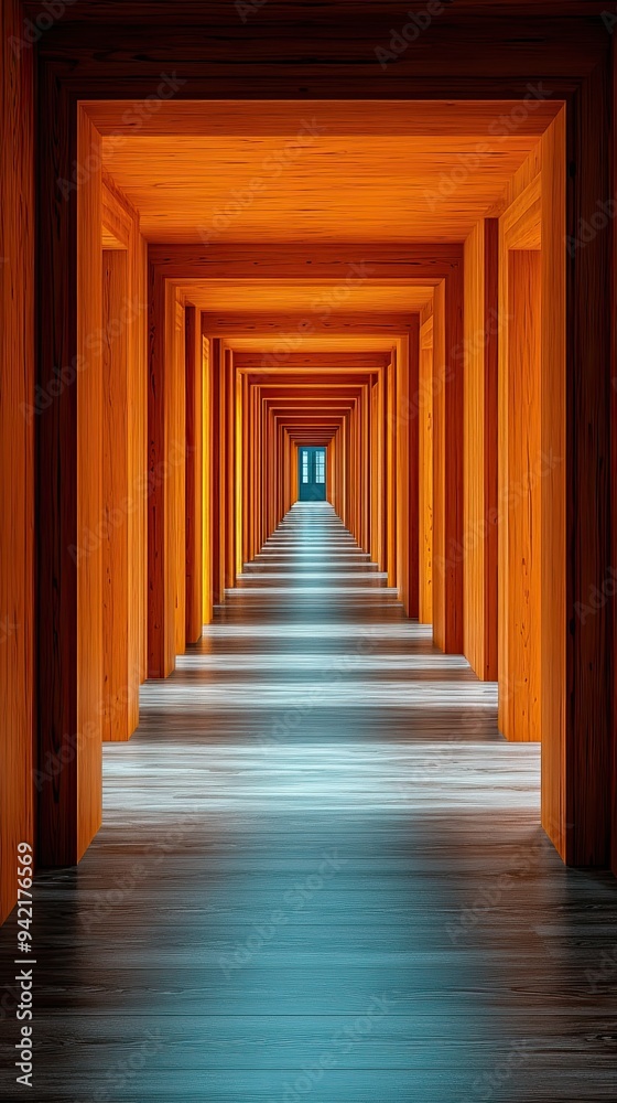 A long hallway with wooden walls and a window in the middle. A long hallway with wooden walls and a window in the middle.