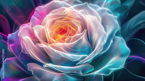 Abstract white rose with vibrant neon lines and geometric shapes, set against a mesmerizing vector background, creating a striking effect