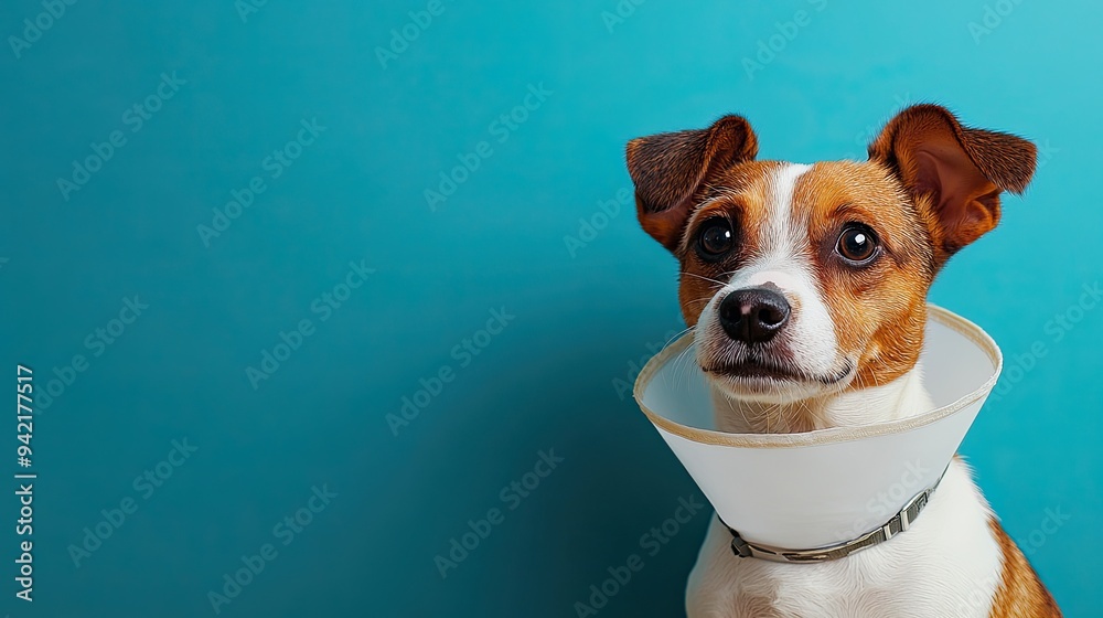 Dog with Medical Collar in Veterinary Clinic on Blue Background