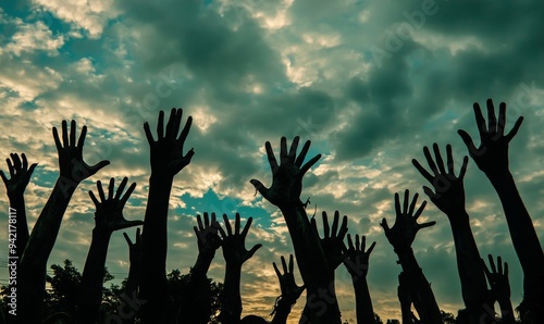 Three-dimensional render of zombie hands stretched in a crowd during Halloween