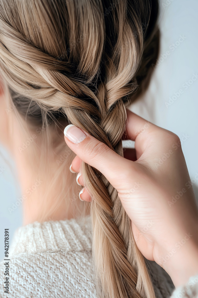 Naklejka premium Hands braiding hair, focusing on the technique and process, with a clean, minimalistic background.