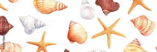 This captivating watercolor collection beautifully showcases an array of vibrant seashells and starfish, making it perfect for various beachthemed projects and creative designs of all sorts photo