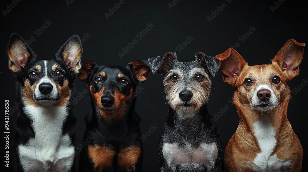 High-quality portrait of various dogs showcasing their unique characteristics and expressions, black background, international dog day High-quality portrait of various dogs showcasing their unique characteristics and expressions, black background, international dog day