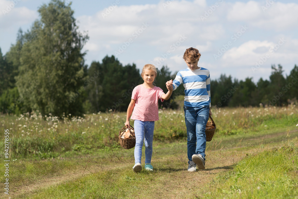 children brother and sister with baskets of mushrooms holding hands on the road from the forest. children brother and sister with baskets of mushrooms holding hands on the road from the forest.
